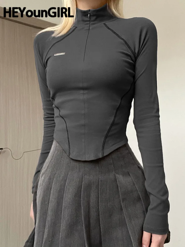 

HEYounGIRL Basic Casual Fitness Long Sleeve Turtleneck Crop Top Fashion Street 90s Zipper Slim Gray T-shirt All-match Sportwear