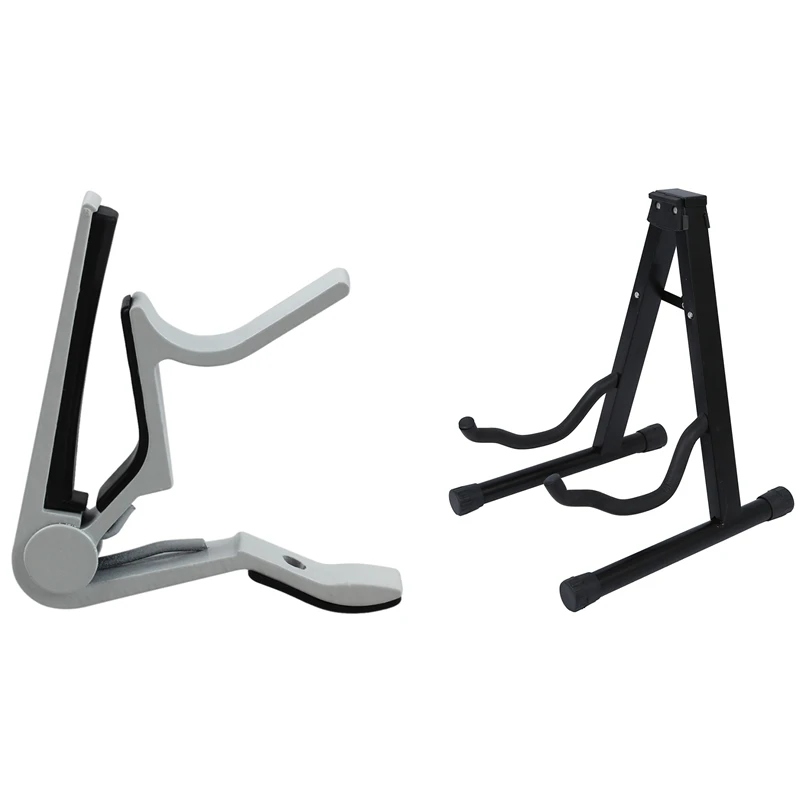 

White-Handed Guitar Capo Clip Trigger With 190Mm Folding Tripod Stand Holder Acoustic Guitar Electric Bass Black