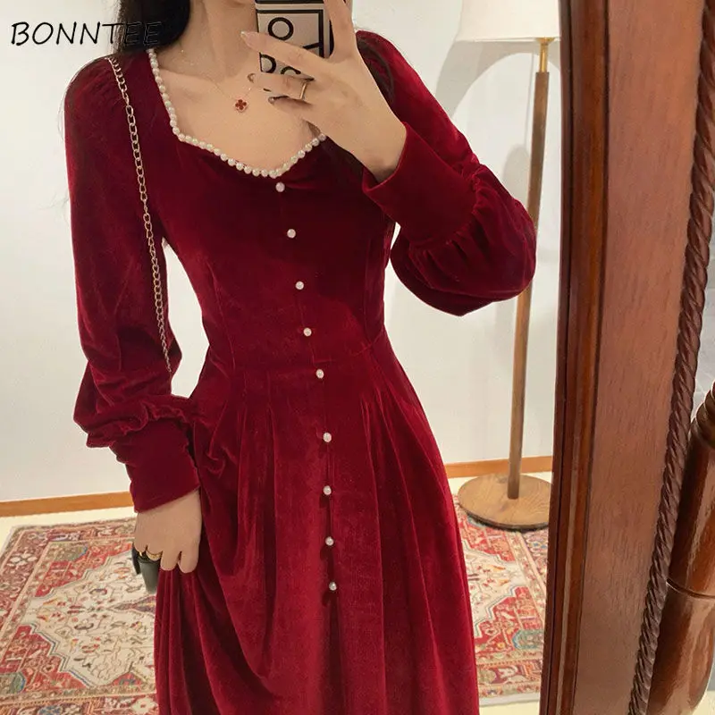 

Dresses Woman Casual Fashion Embroidered Flare Solid Office Ladies Elegant Red Velvet Autumn Sweet Daily Retro Long Sleeve New