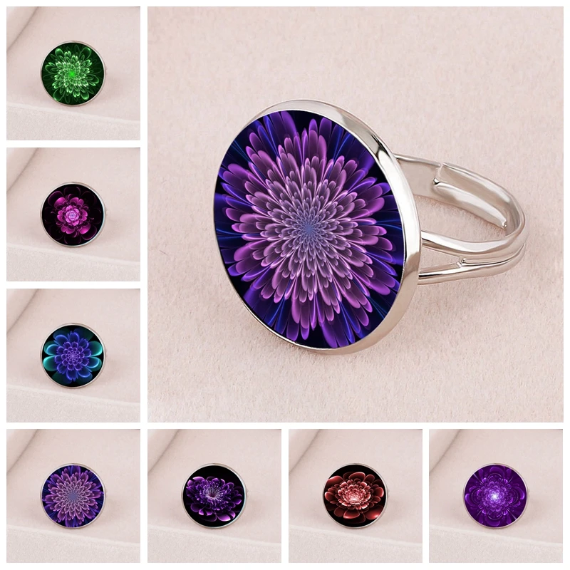 

Fashion 3D Printing Mandala Flower Series Pendant 18mm Glass Cabochon Ring Face Open Ring Men and Women Gift Jewelry