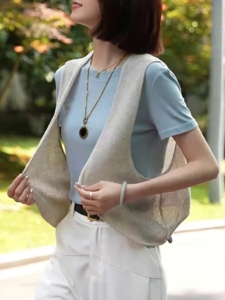 Женский жилет 2024 новый тонкий летний полый вязаный маленький из ледяного шелка