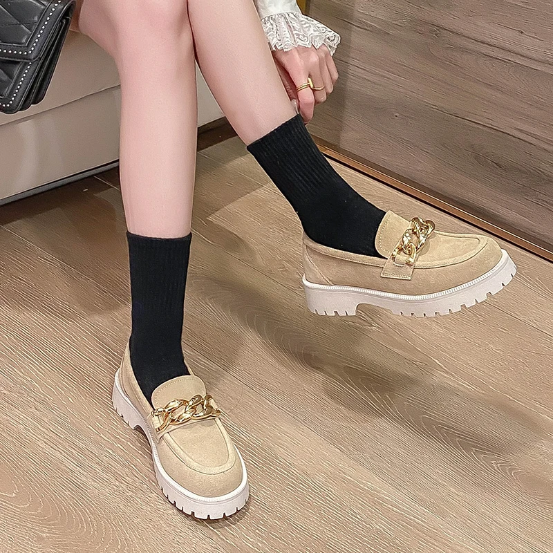 Spring And Autumn Loafers Women 2023 New Comfortable Casual Cowhide British Style Women's Shoes Thick Heel Thick Sole Retro