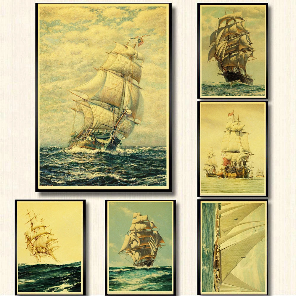 

Sailing Ship Sea Boat Poster Rretro Kraft Paper Art Home Decoration Room Bar Cafe Classic Wall Sticker Gift Picture Painting