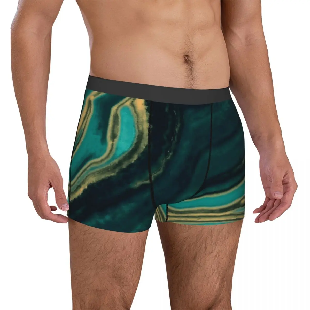 

Marble Art Underwear Aqua And Metallic Gold Marble Texture Breathable Underpants Sublimation Boxer Brief Pouch Plus Size Trunk