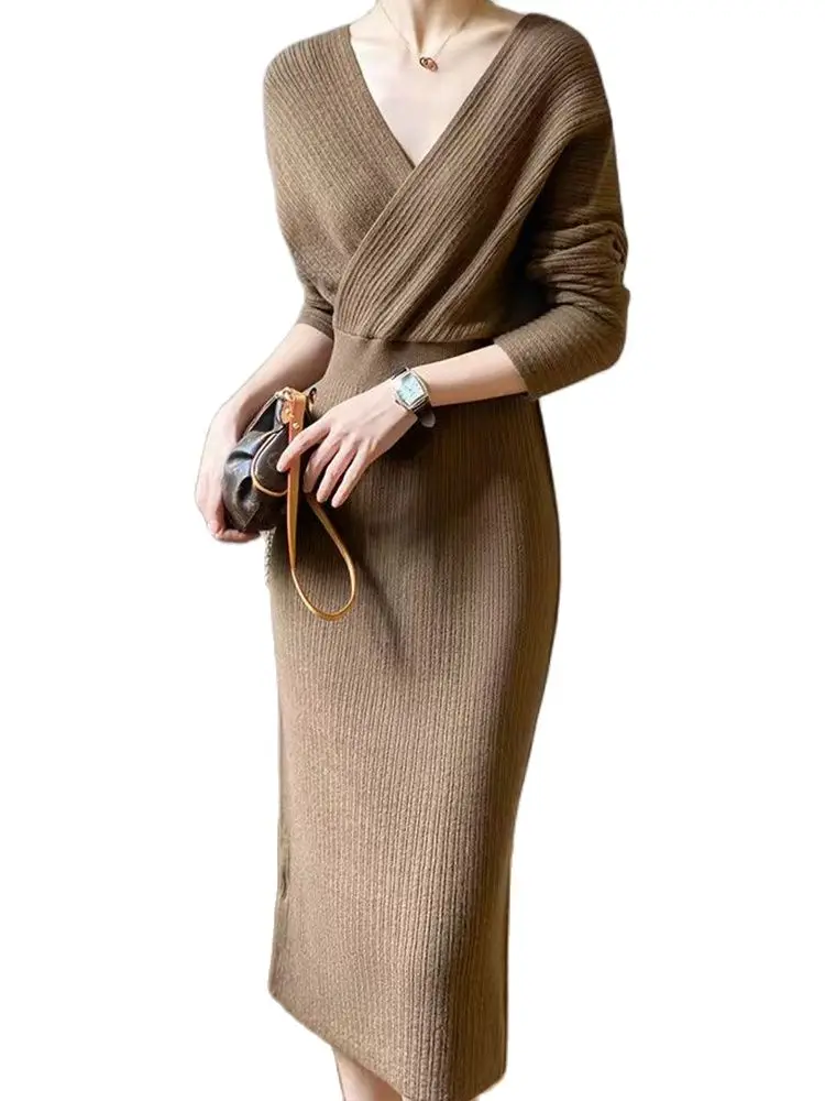 

Элегантное трикотажное платье с V-образным вырезом, тонкая юбка с длинными рукавами и длинными рукавами на талии, Новинка осени 2022, модная же...