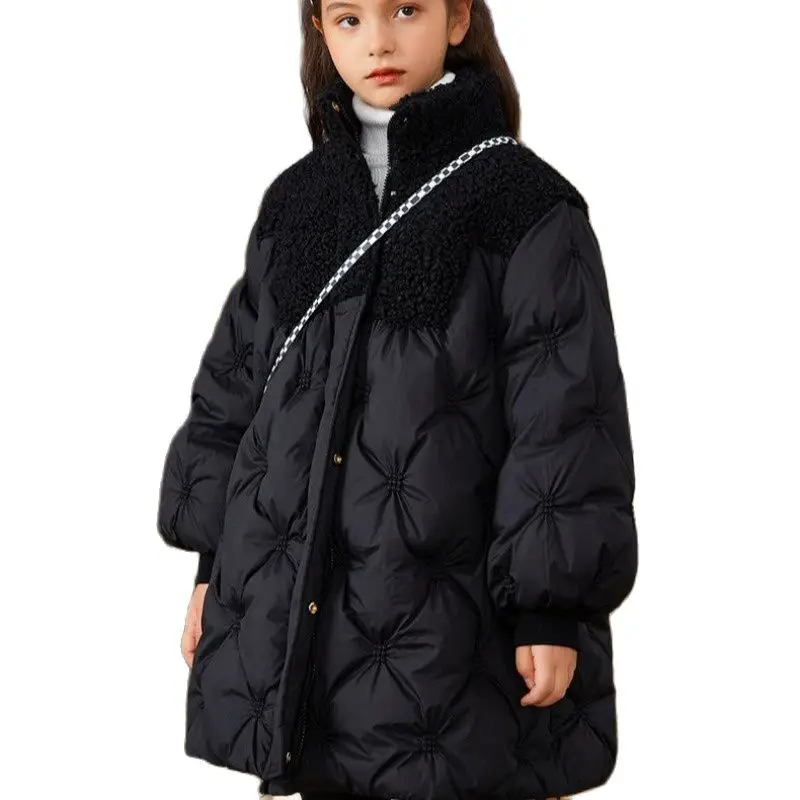 

Girls Winter Jackets Children Clothing Warm Down Cotton Jacket Fashion High Collar Splicing Coat Thicken Loose Kids Outerwear