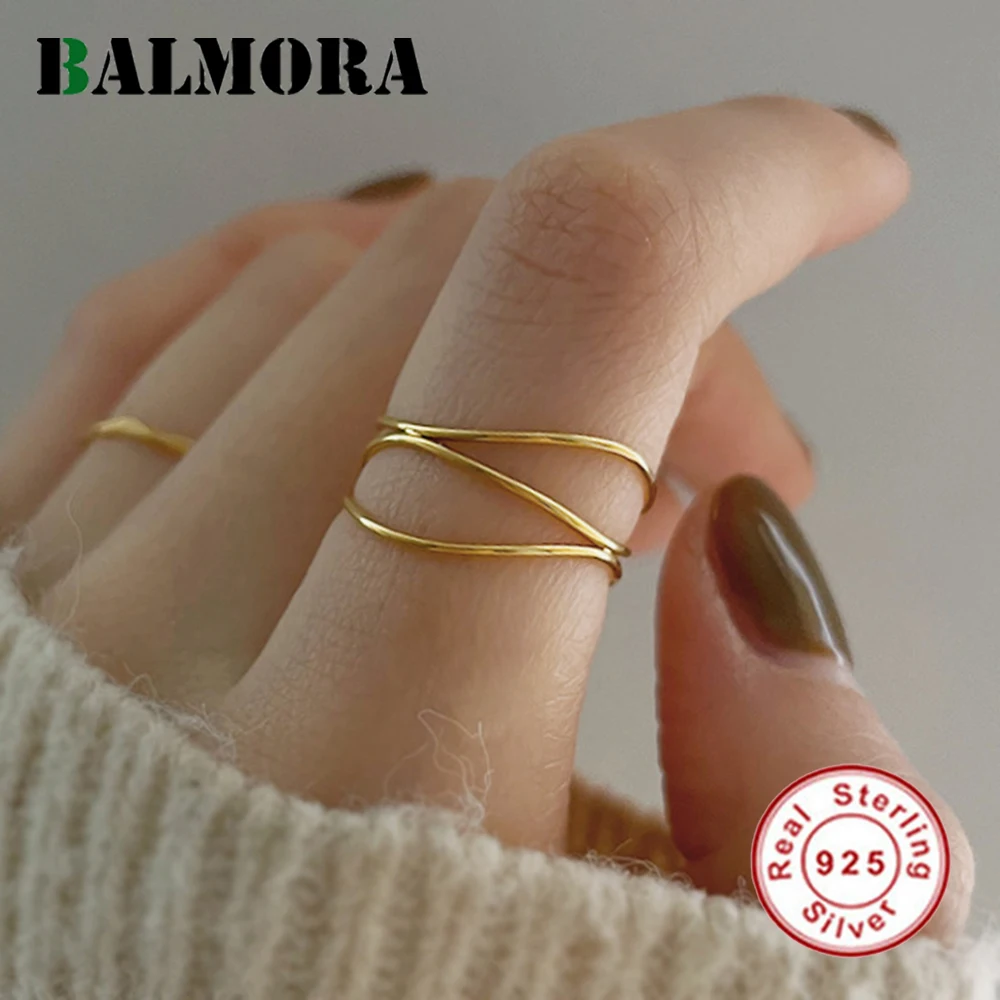 

BALMORA Stering S925 Silver Simple Lines Hollow Gold Finger Ring For Women Girl Vintage Trendy Anillos Party Jewelry Gift