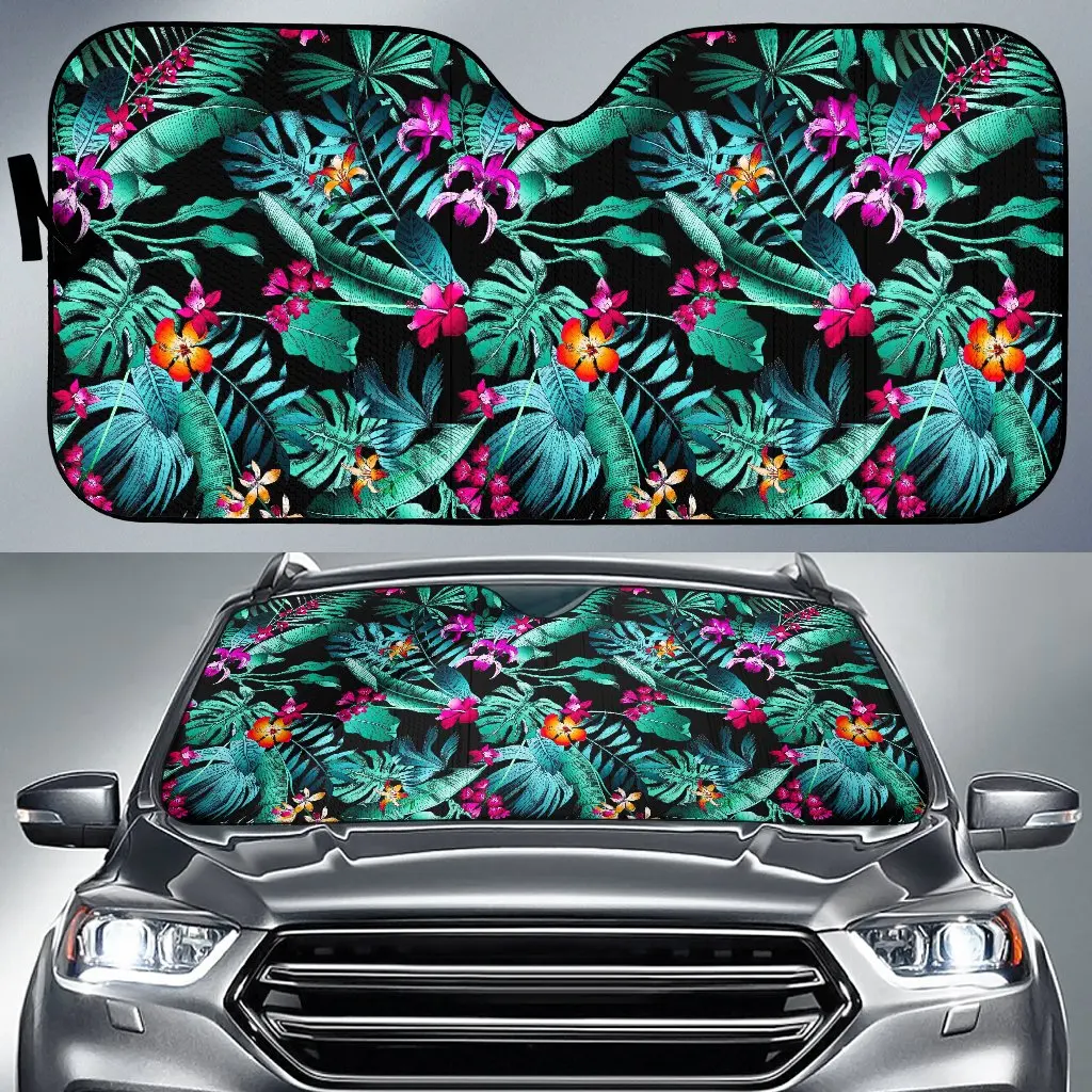 

Teal Tropical Leaf Hawaii Pattern Print Car Sun Shade