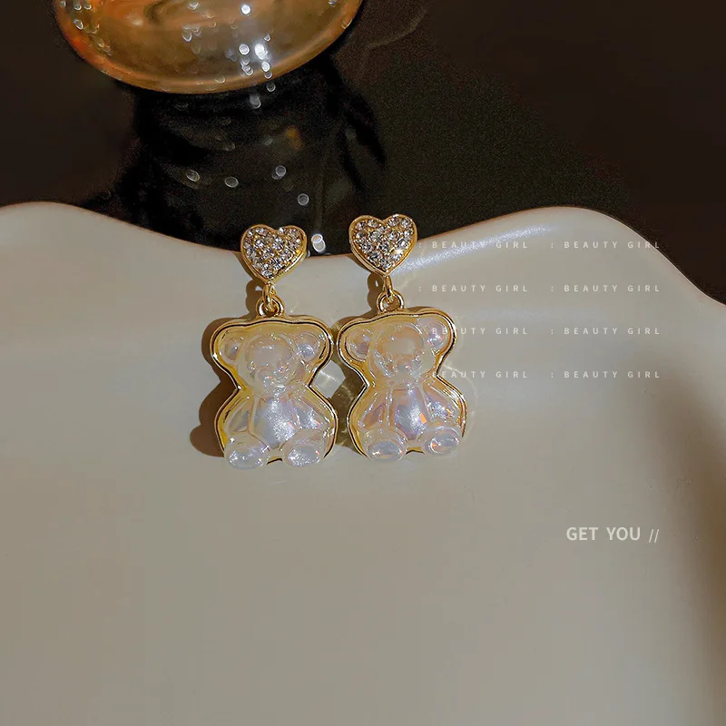 

Silver Needle Diamond Mermaid Love Bear Earrings Baroque Vintage Sweet Cute Girl