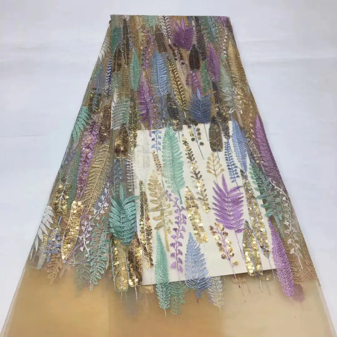 

Новое красивое многоцветное платье с вышивкой, кружевное платье с бисером, вышитая ткань, ткань с вышивкой в виде цветных листьев и блесток