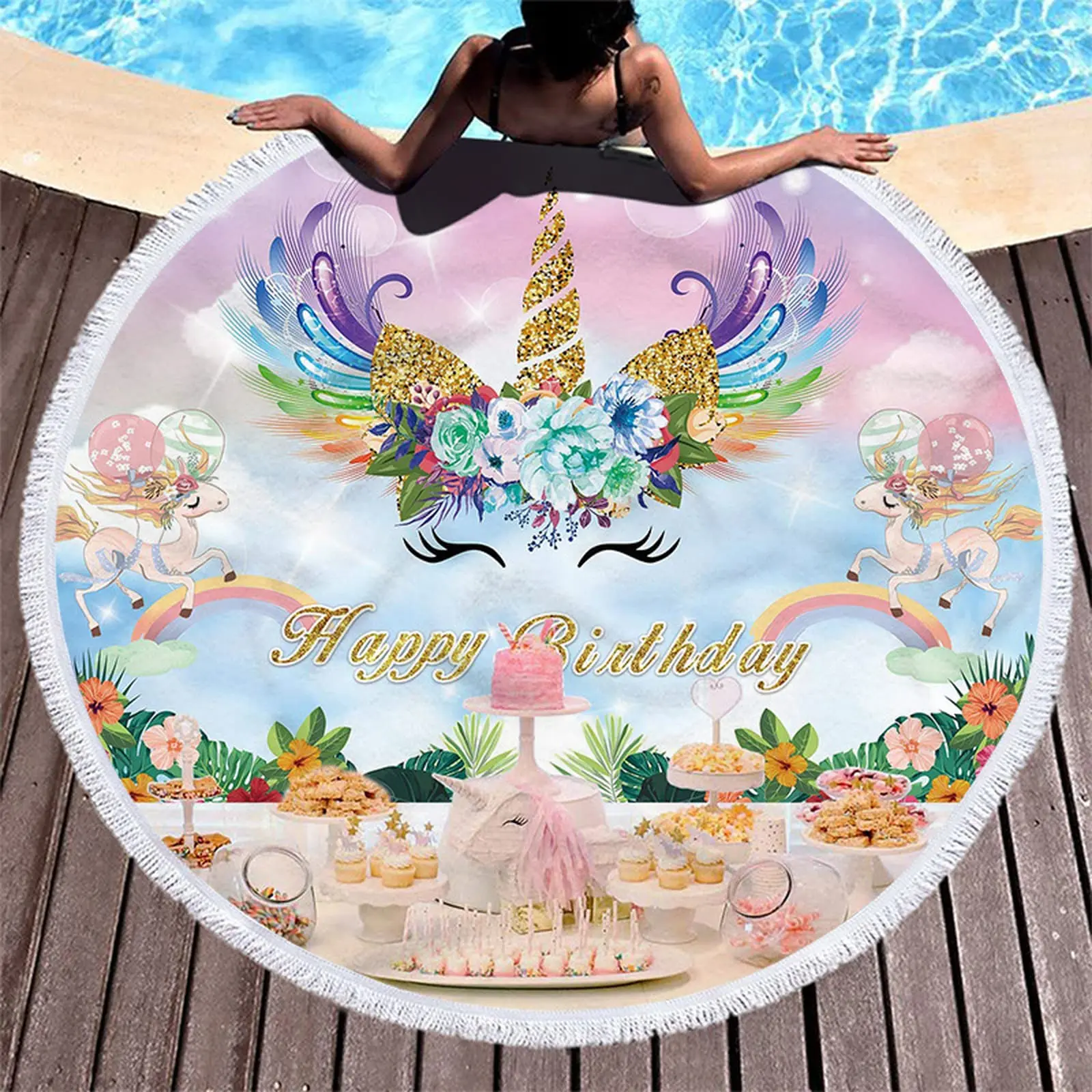 Round Birthday Party Fringe Quick Dry Bath Towel For Swimming Travel Shower Sandproof Pool Towels Picnic Mat