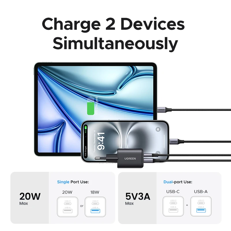 Фото UGREEN Зарядное устройство GaN 20 Вт Mini USB C Зарядное устройство для телефона PD3.0 QC3.0 Для iPhone 16 15 14 Pro Max Samsung S25 Xiaomi Tablet iPad Air Pro №3