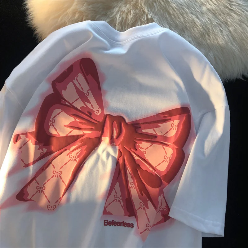 

Women Bowknot Print Tshirts Summer Fashion Cute Loose Round Neck Short Sleeve Oversized Butterfiy Graphic Top Tee Shirt Female
