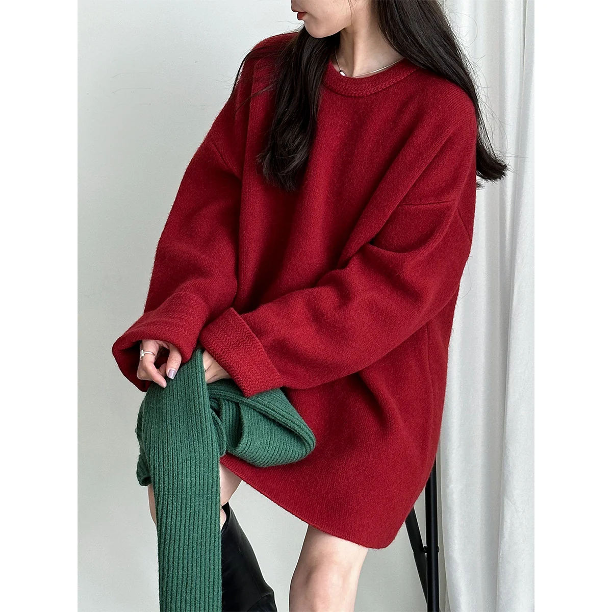 

Women's Solid Oversized Sweater Dress Winter Red Khaki White Casual Relax Fit Jumper