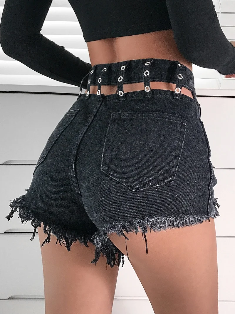 2021 New Women High Waist Shorts Sexy Hollow Denim Wide Leg Shorts Fashion New Slim Hip All-Match Casual Black Shorts for Female