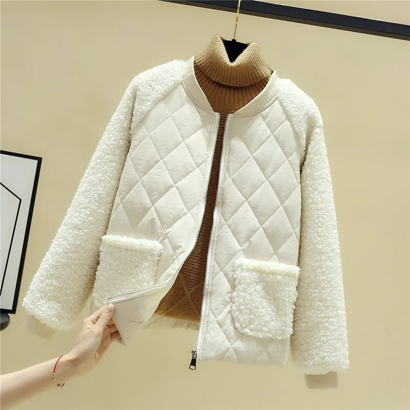 Autumn Winter Lambswool Splice Parka Short Cotton Jackets Women Plus Size Loose Warm Outerwear Female Solid Padded Jacket Coats