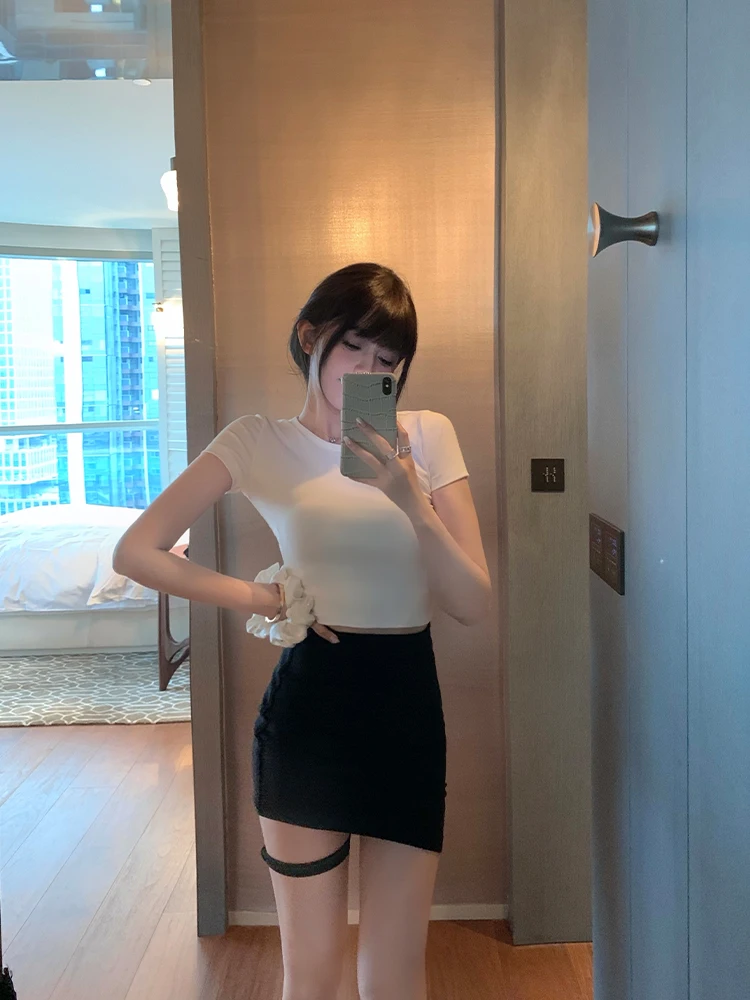 

White big u-neck short-sleeved t-shirt women's summer slim fit and pure desire short hot girl waist top T-shirt top vest