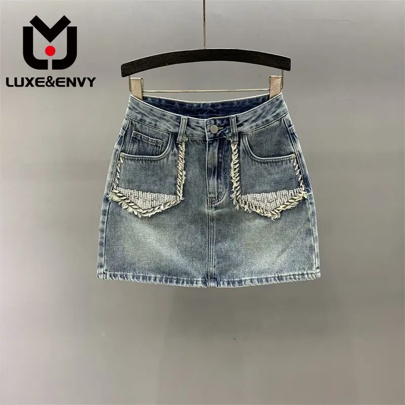 

LUXE&ENVY Light Blue Denim Short Skirt Women In The Summer Of 2023 New Heavy Industry Diamond Inlaid High Waist A-line