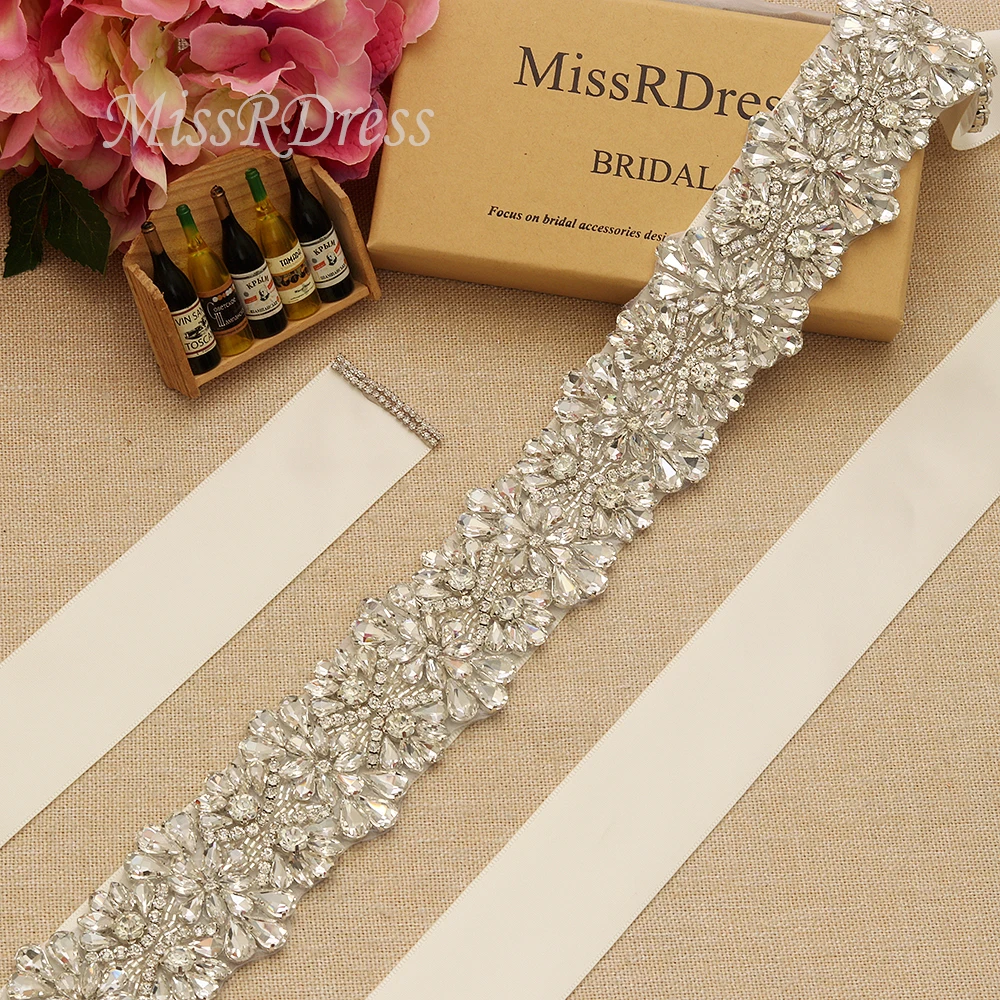 

MissRDress Crystal Wedding Belt Sash Silver Rhinestone Bridal Belt Big Size Diamond Bridal Sash For Wedding Evening Dress JK820
