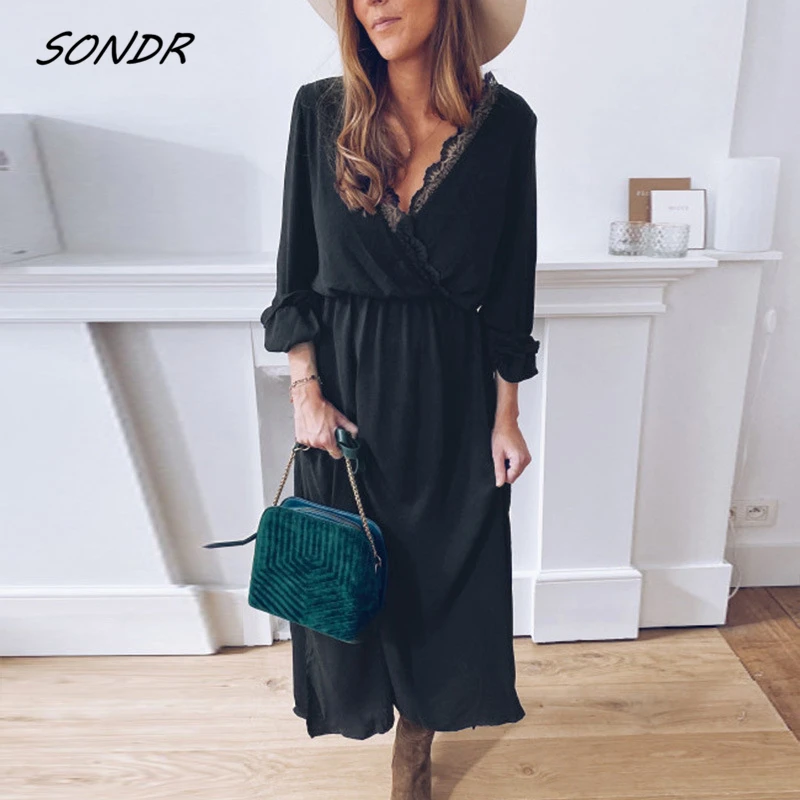 

Loose Black Long Dress Lace Fashion Casual V Neck Maxi Dresses for Women