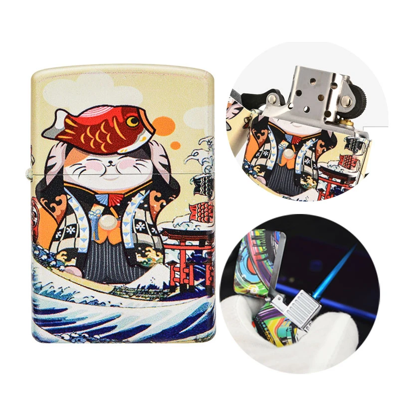 

New Six-sided Color Printing Kerosene Lighter Butane Gas Jet Retro Grinding Wheel Cigar Open Flame Smoking Accessories Gadgets