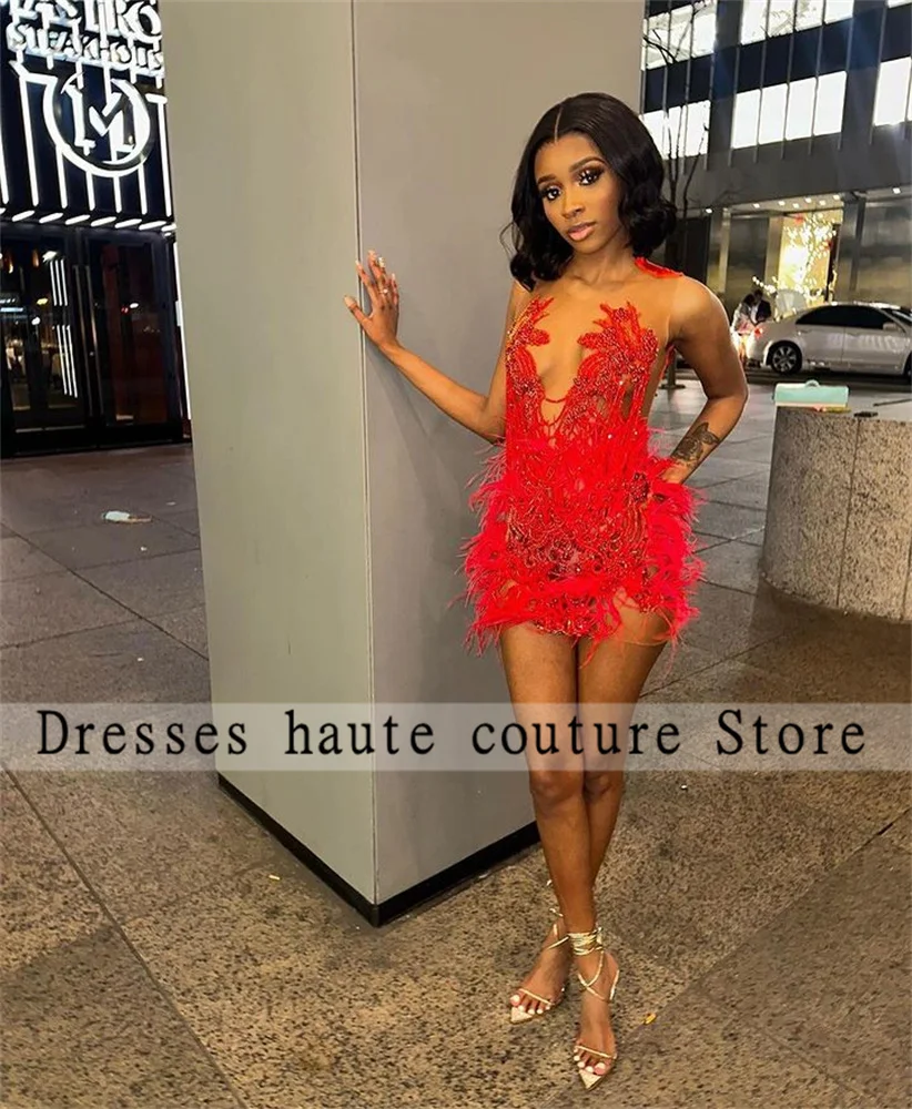 

Sexy See Through Handmade Beaded Women Cocktail Dresses 2023 Black Girls Red Feather Short Prom Dresses Birthday Party Gowns