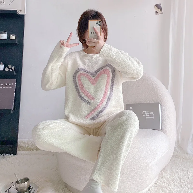 Winter 2 Pieces Pajamas Free Shipping Loungewear Elegant Lounge Sets Flannel Sleepwear Feather Yarn Nighty Suit House Clothes