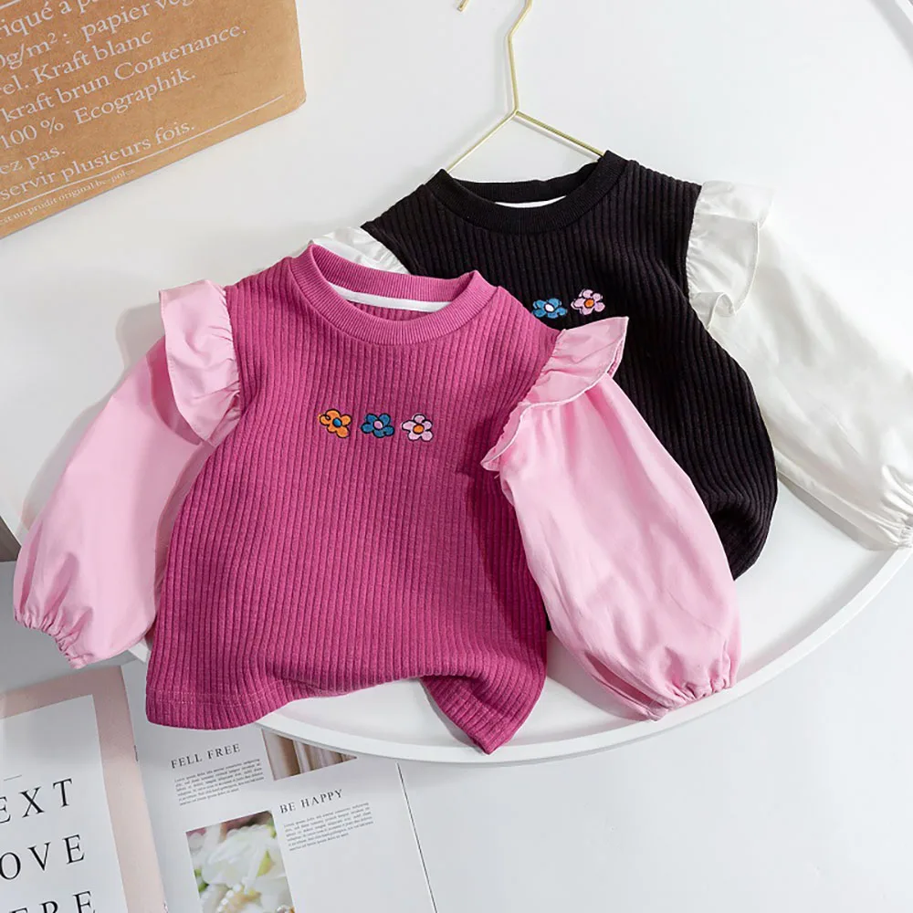 

Милый пуловер для маленьких девочек, топы, весенне-осенняя Базовая рубашка с длинным рукавом и цветочным принтом с оборками, Детская Повсед...