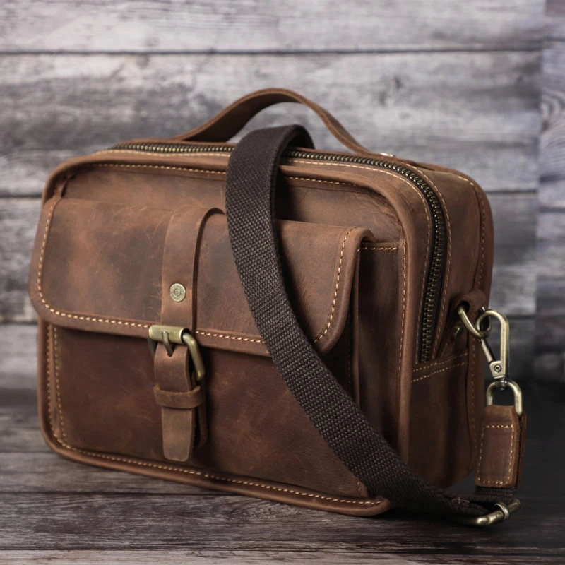 Genuine Leather Men's Messenger Handle Handbag Male Cross Body Bag for IPAD Man Crazy Horse Business Briefcase Big Shoulder Tote