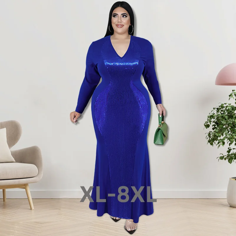 

Plus Size 2023 Elegant Glitter v Neck 4xl 5xl Dress Sexy Long Sleeve Club Fashion Evening Party Dresses Autum 3xl 4xl 5xl 6xl