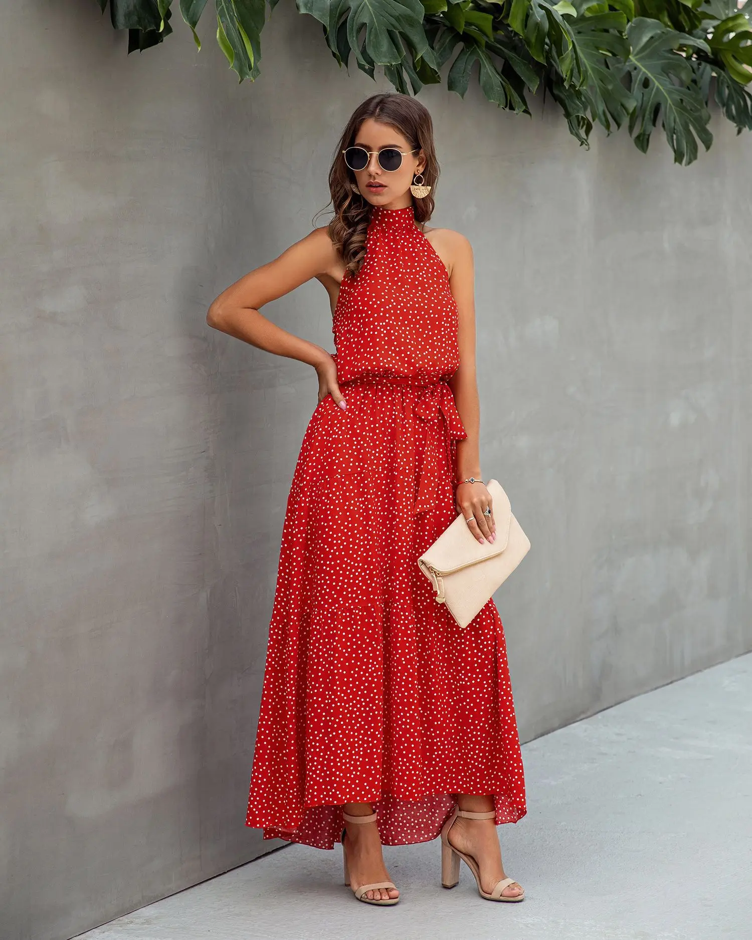 

Boho Sleeveless Polka Dot Printed Midi Dress For Women Summer Sexy Halter Strapless Long Dresses Elegant Party Print Maxi Dress
