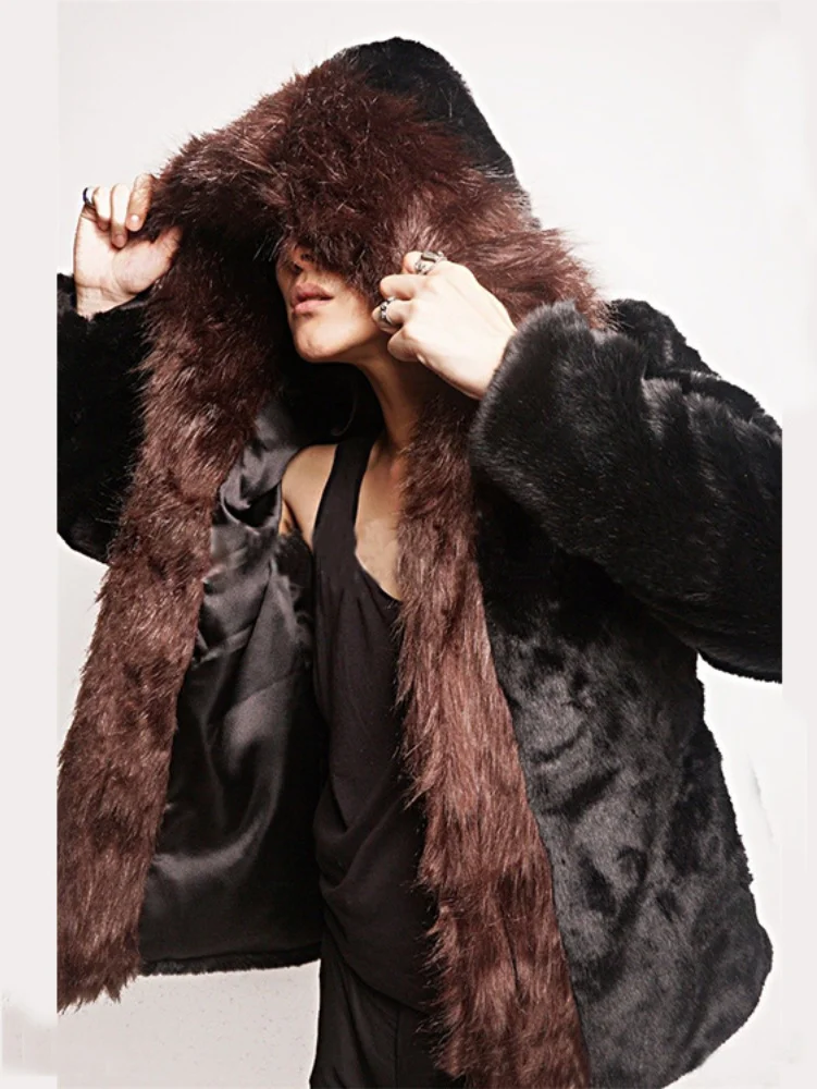 

Winter Warm Faux Fur Hooded Coat Fox Fur Jacket Winter Hooded Leather Jacket