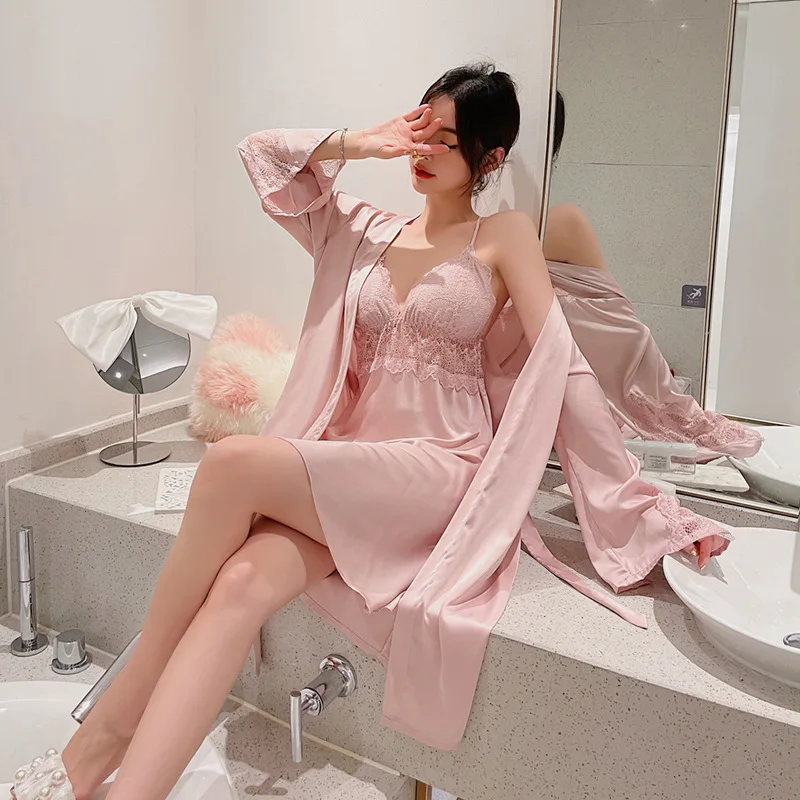 

Summer Sexy Nightdress with Robes for Women Underwear Set Hollow Design Deep V Neck with Chest Pad Nightgown Lace Nightgown