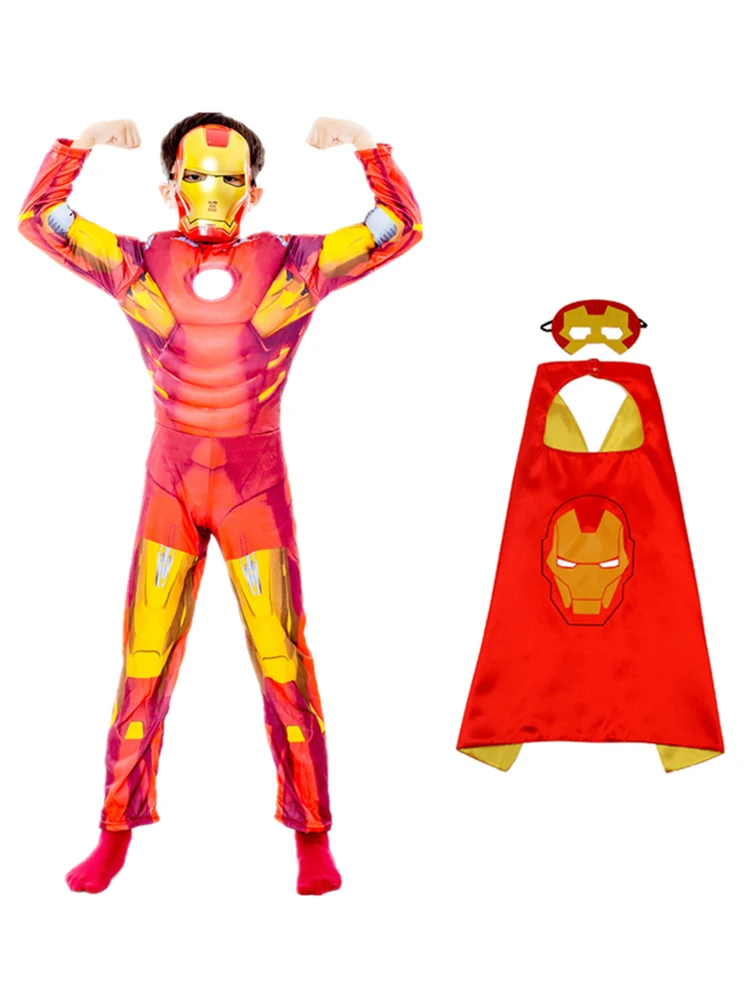

Marvel Kids Avengers Iron Man Superhero Muscle Bodysuit Cosplay Costumes Mask Performance Cloak Birthday Party Children Gifts