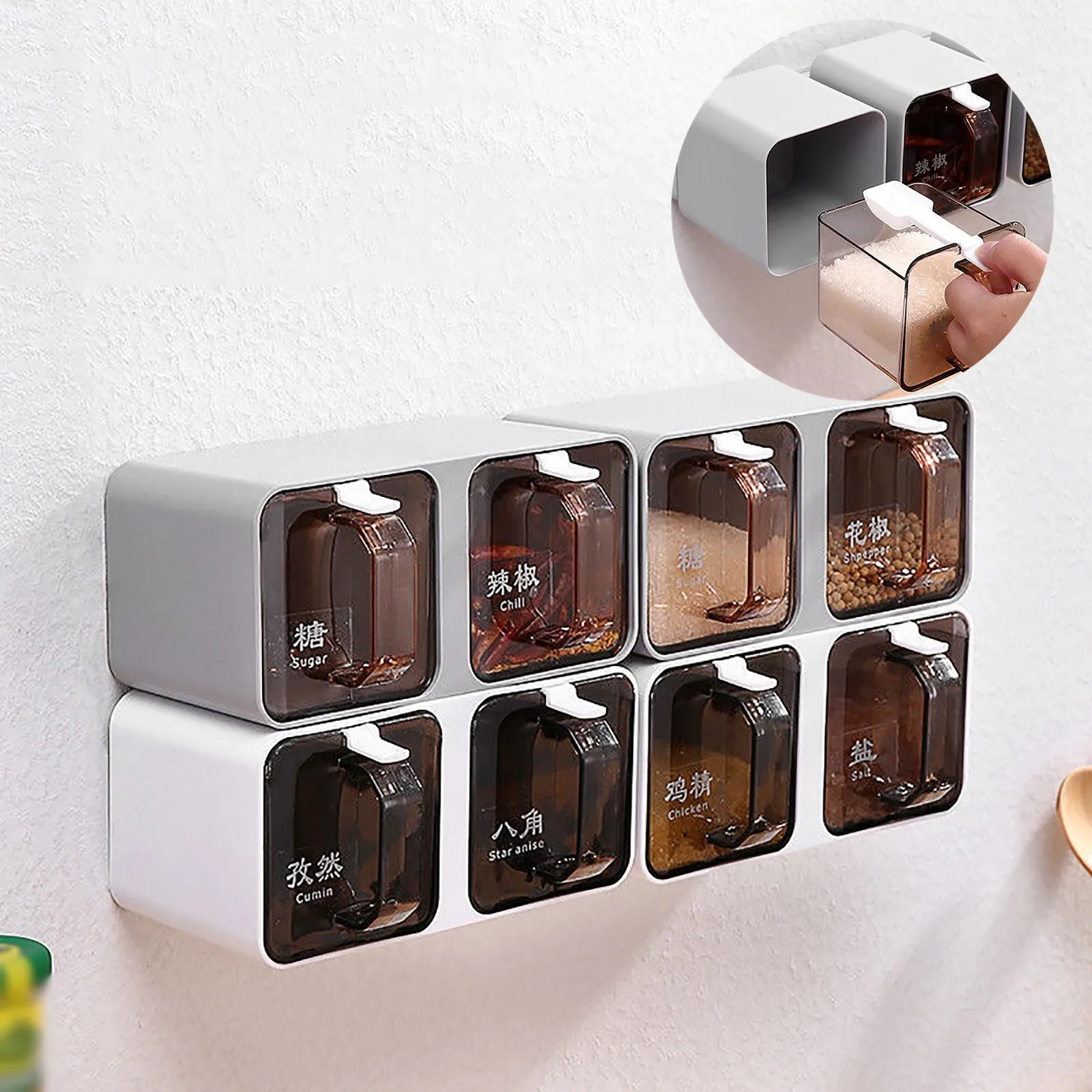 

Wall-mounted Kitchen Seasoning Organizer Box Punch-free Spice Box Sugar Salt Shaker Seasoning Container Boxes with Spoons