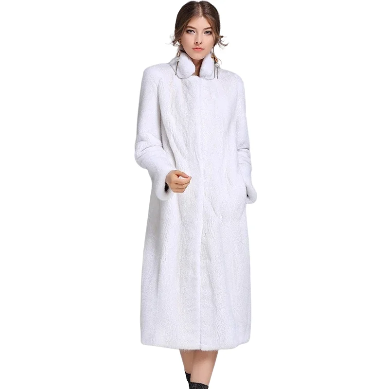 Womans mink fur coat, natural Danish mink fur, lengthened section, fashion stand collar, white, black