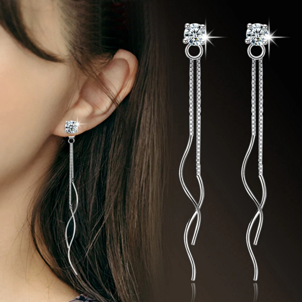 

925 Stamp Silver Jewelry Women's Temperament Long Section Ear Thread Female Tassel Four Claw Earrings Cubic Zirconia