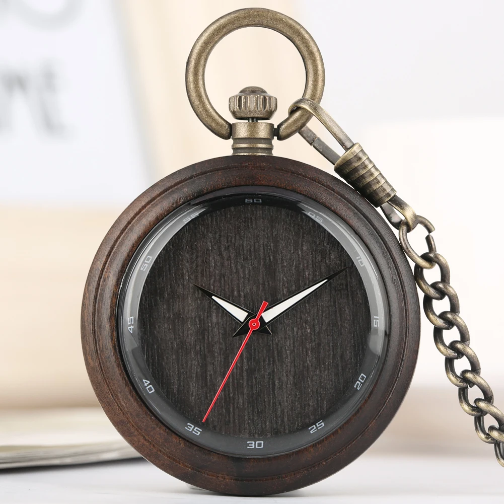 Luminous Pointers Minimalist Round Dial Quartz Wooden Pocket Watches Retro Fob Chain Pendant Wood Pocket Timepiece Male Clock