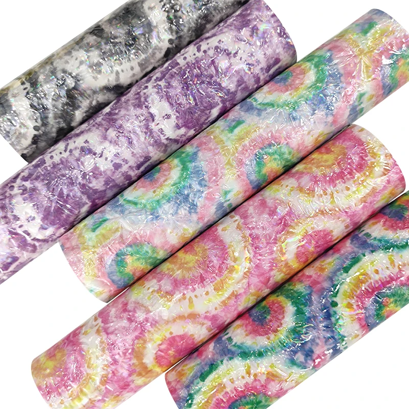 

50*135CM Iridescent Tie Dye Embossed Faux Leather Sheet Holographic Hand Grab Texture Fabric for Sewing Bow Decorative Box Shoes
