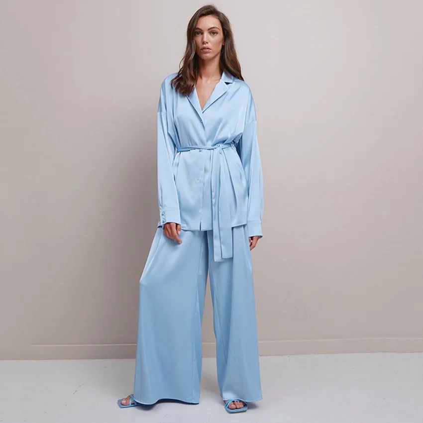 Solid Color Pajamas For Women Robe Sets Full Sleeves Women's Home Clothes Trouser Suits Satin Nightgowns Spring 2023 Loungewear