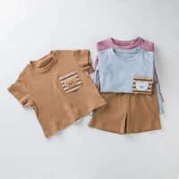 babany bebe infant kids girls plaid pit bar t shirt pants home daily casual short sleeves bear kids clothes outfit 2pcs