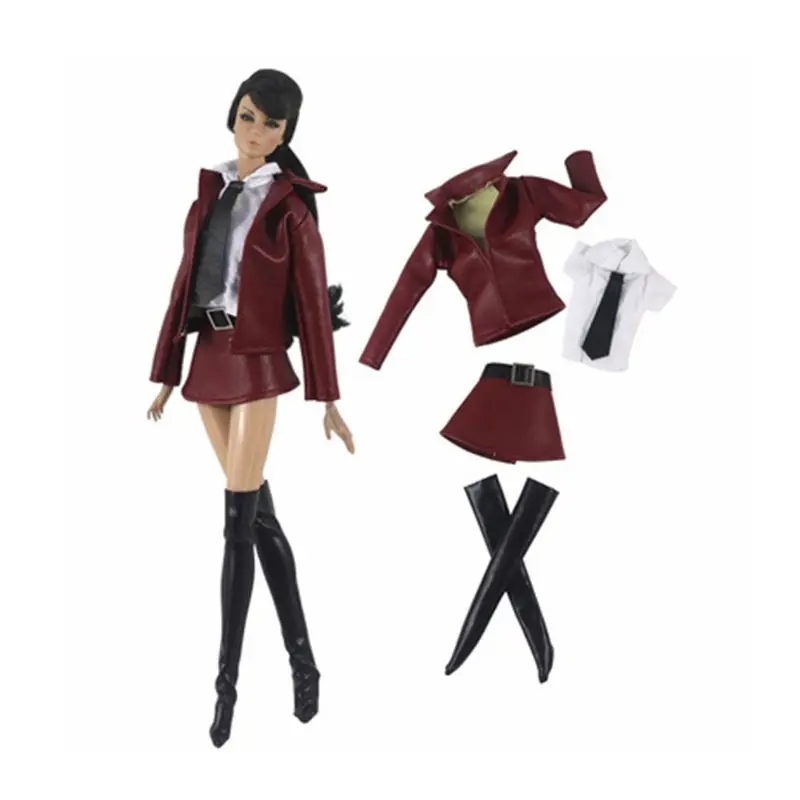 

Wine Leather Coat Jacket Blouse Top Boots Skirt 11.5" Doll Clothes For Barbie Outfits Set 1/6 Accessories for Barbie Clothes Toy