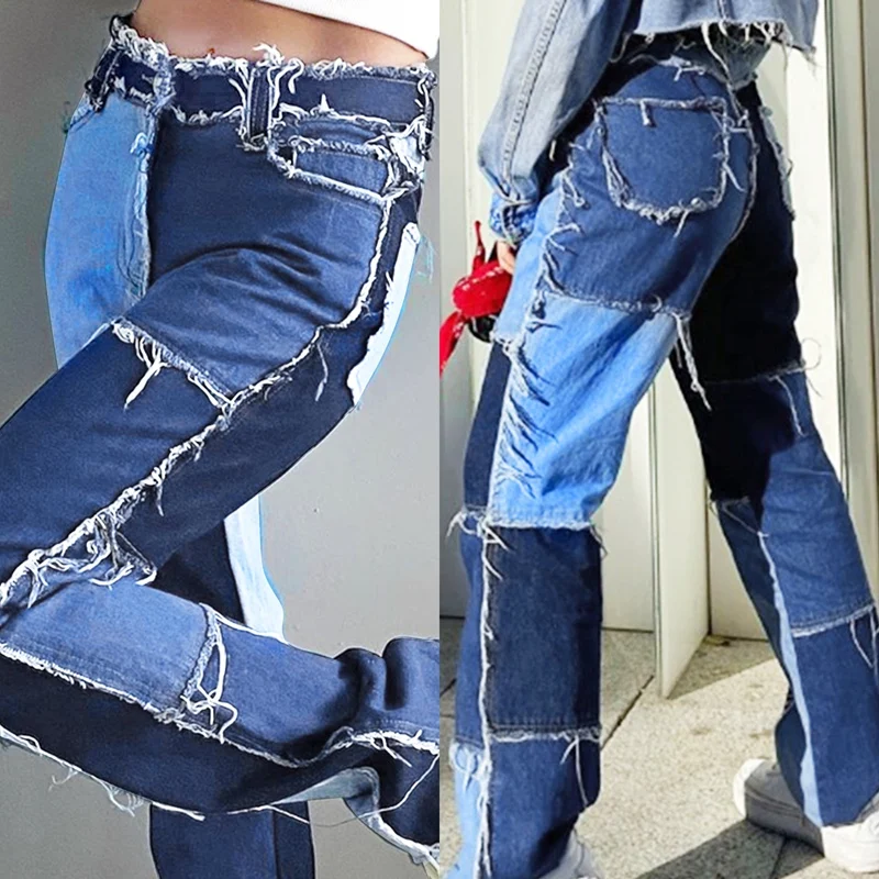 

High Waisted Jeans Women Casual Long Trousers Ladies Patchwork Fashion Denim Pants Pocket Streetwear