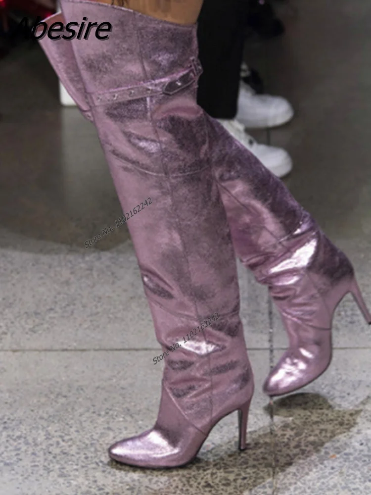 Ladies Over Knee Boots Pointed Toe Stiletto Shiny Tall Boots Buckle Strap Decorative Side Zipper Boots Plus Size Women'S Shoes