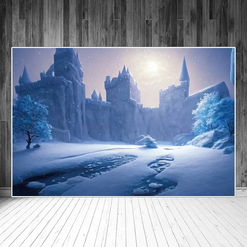 

Fantasy Frozen Castle Sunset Photography Backdrops Party Decoration Winter Snowy Trees Custom Baby Photobooth Photo Backgrounds