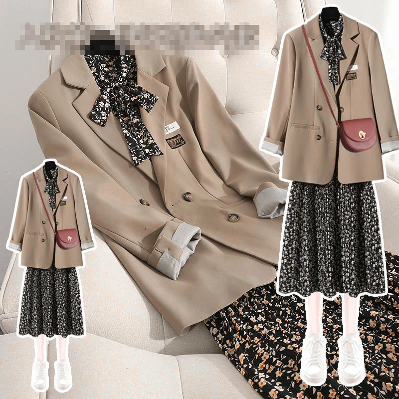 

Spring Autumn Two Piece Sets Women Dress + Long Sleeve Apricot Suit Coat Casual Elegant Printing Dresses Suits J283