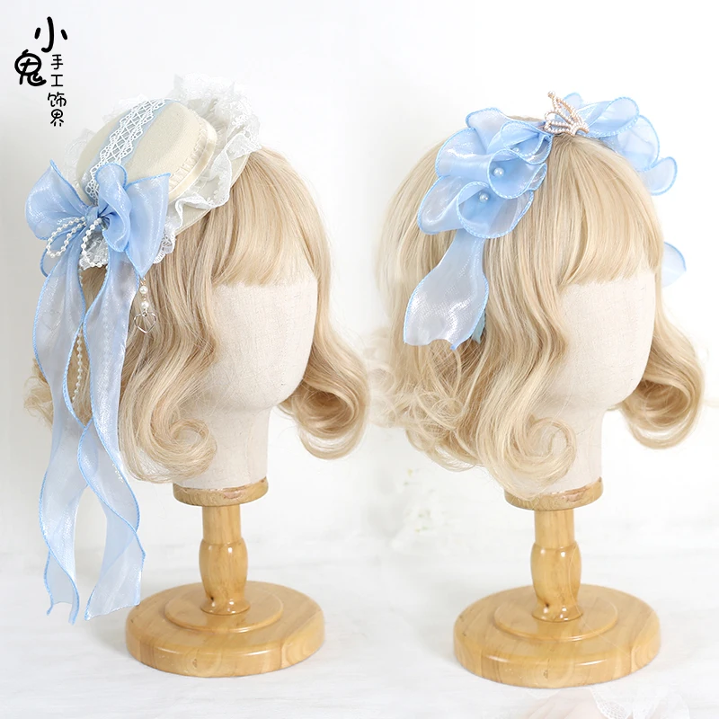 

light blue Japanese Doll Lolita Wedding Hair Hoop Big Bow KC Headdress Girls Hairpin Hair band Sweet Women Headpiece Flat Cap