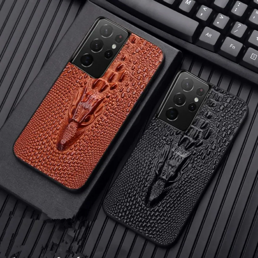 

Original Genuine Leather Case For Samsung Galaxy S22 S23 Ultra S21 FE Note20 A52 3D Crocodile Chinese Dragon Head Armor Cover