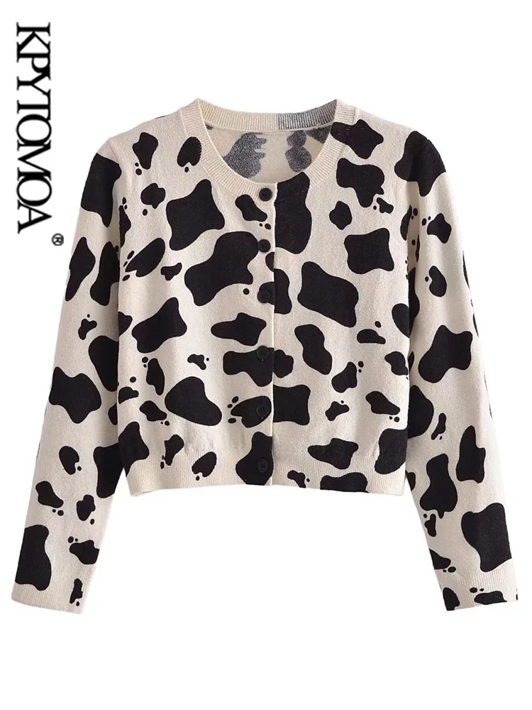 

KPYTOMOA Women Fashion Animal Jacquard Crop Knit Cardigan Sweater Vintage O Neck Button-up Female Outerwear Chic Tops