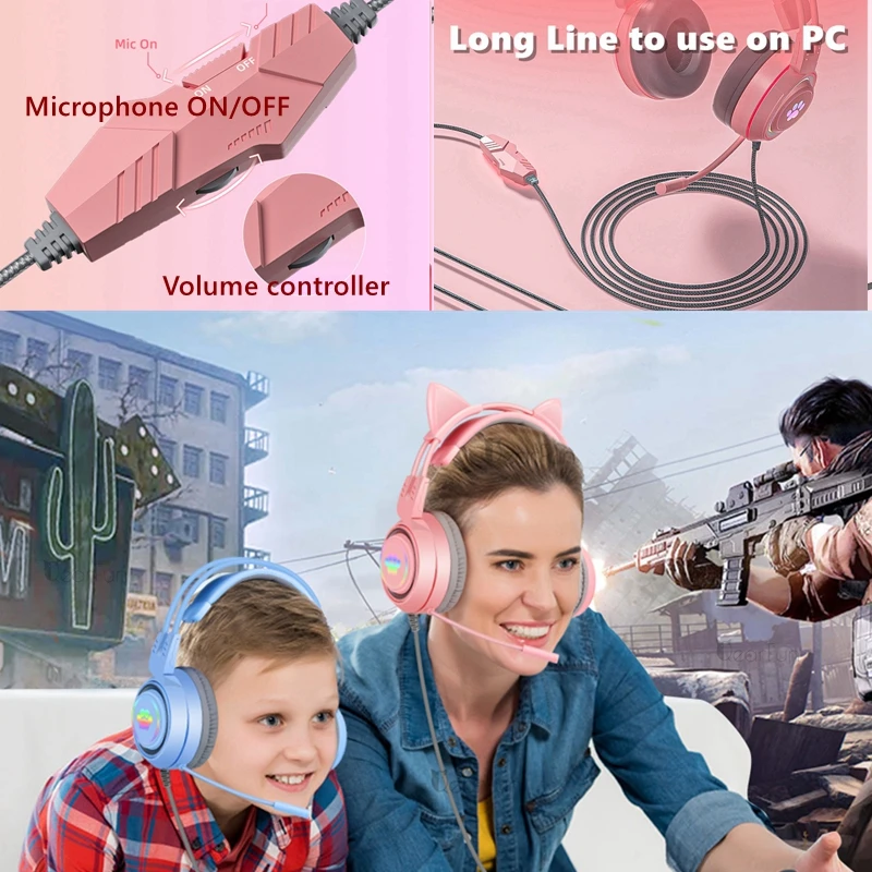 Hi-Fi Стерео Бас наушники игровые для пк ноутбука с ушками микрофоном Розовые милые